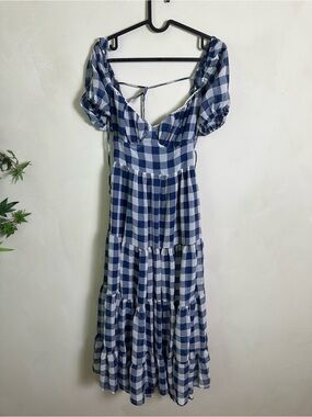 Mable Blue Gingham Puff-Sleeve Tiered Midi Dress Size Large